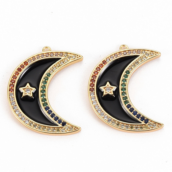 

PandaHall Brass Micro Pave Colorful Cubic Zirconia Pendants, with Enamel, Nickel Free, Real 18K Gold Plated, Moon, Black, 27.5x21.5x2mm...