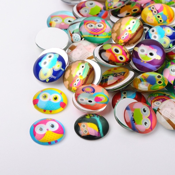 

PandaHall Cartoon Owl Printed Glass Half Round/Dome Cabochons, Mixed Color, 18x5mm Glass Half Round Multicolor