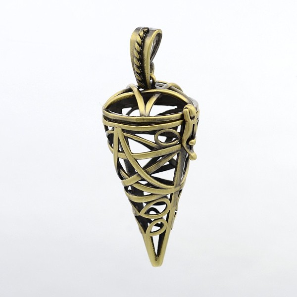 

PandaHall Cone Brass Cage Pendants, For Chime Ball Pendant Necklaces Making, Lead Free & Nickel Free & Cadmium Free, Antique Bronze...