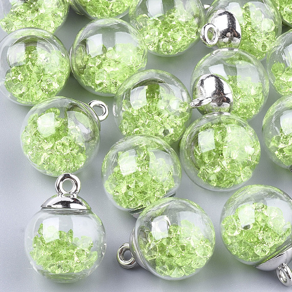 

PandaHall Glass Ball Pendants, with Rhinestone and CCB Plastic Findings, Round, Platinum, Lime, 21x15.5~16mm, Hole: 2mm Glass Round Green