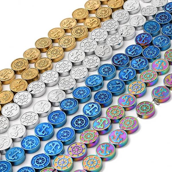 

PandaHall Electroplate Synthetic Non-magnetic Hematite Beads Strands, Flat Round with Anchor & Helm, Mixed Color, 10x3mm, Hole: 0.7mm, about...