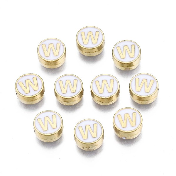 

PandaHall Alloy Enamel Beads, Cadmium Free & Lead Free, Light Gold, Flat Round with Alphabet, White, Letter.W, 8x4mm, Hole: 1.5mm...