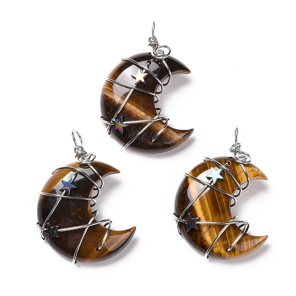 

PandaHall Natural Tiger Eye Pendants, with Platinum Tone Brass Wire Wrapped and Hematite Star Beads, Cadmium Free & Lead Free, Moon...