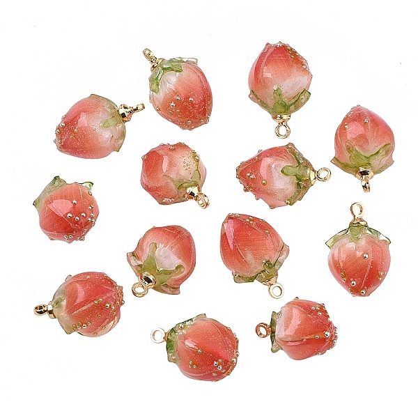

PandaHall Handmade Flower Epoxy Resin Pendants, with Brass Peg Bails and Glass Micro Beads, Bud, Golden, Coral, 14~15x9~10x9~10mm, Hole..., Red
