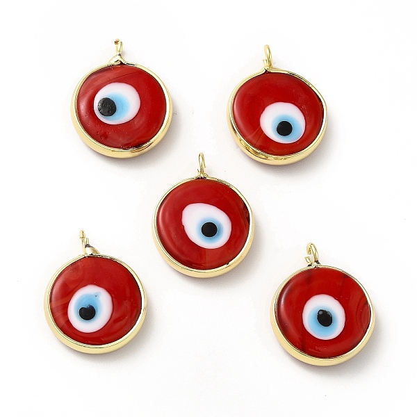 

PandaHall Handmade Evil Eye Lampwork Pendants, with Rack Plating Brass Findings, Long-Lasting Plated, Flat Round, FireBrick, 18~19x15~16x4mm..., Red