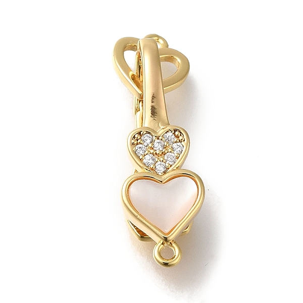 

PandaHall Brass Micro Pave Clear Cubic Zirconia Fold Over Clasps, White Shell Heart, Real 18K Gold Plated, 30mm Brass+Cubic Zirconia Heart
