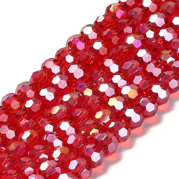 

PandaHall Transparent Glass Beads, 32 Facets, AB Color Plated, Round, Cerise, 6x5.5mm, Hole: 1.2mm, about 91~93pcs/strand, 19.57''~19.92''..., Red