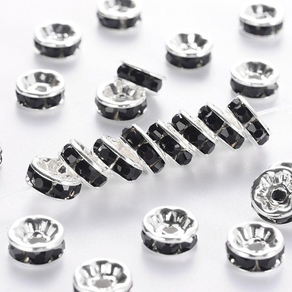 

PandaHall Brass Grade A Rhinestone Spacer Beads, Silver Color Plated, Nickel Free, Jet, 8x3.8mm, Hole: 1.5mm Brass+Rhinestone Rondelle Black