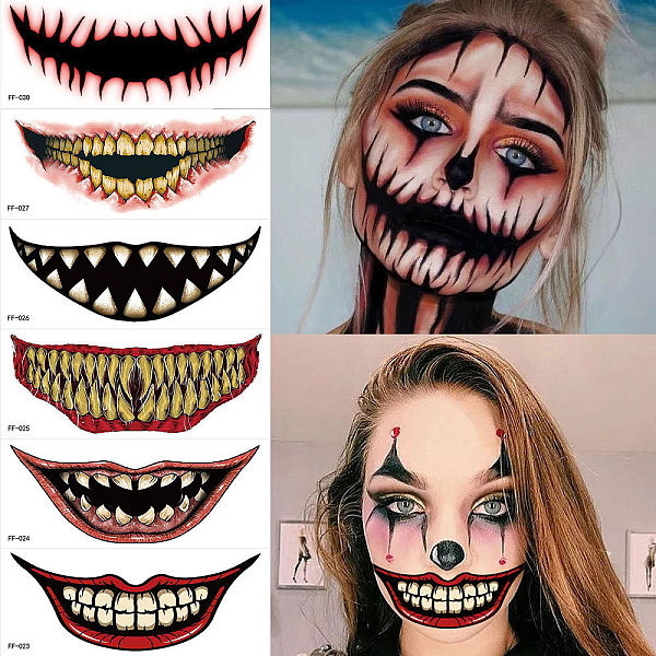 

PandaHall 10Pcs 10 Style Halloween Clown Horror Mouth Removable Temporary Tattoos Paper Face Body Stickers, Rectangle, FireBrick..., Red