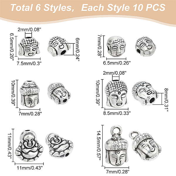 

PandaHall PH 60pcs Buddha Head Beads 6 Style Antique Silver Buddha Beads Tibetan Style Buddha Spacer Beads Buddha Head Charms Pendants for...