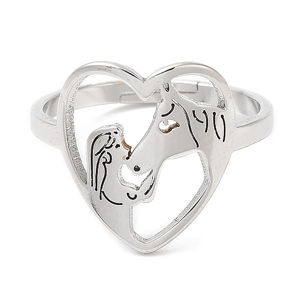 

PandaHall 304 Stainless Steel Heart with Horse Adjustable Ring for Women, Stainless Steel Color, US Size 6(16.5mm) 304 Stainless Steel