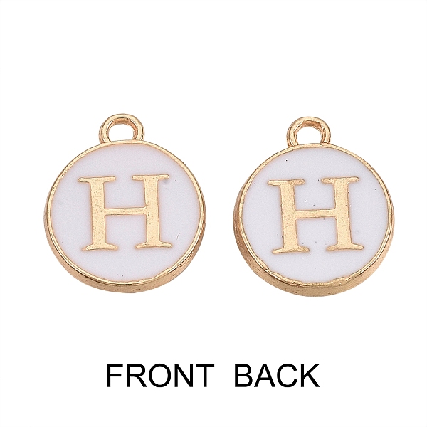 

PandaHall Golden Plated Alloy Charms, with Enamel, Enamelled Sequins, Flat Round, White, Letter.H, 14x12x2mm, Hole: 1.5mm, 50pcs/Box...