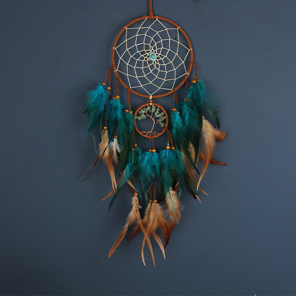 

PandaHall Woven Net/Web with Feather Wind Chime, with Iron Rings, for Home Offices Wall Ornament Tree of Life, Teal, 500mm Feather Others..., Cyan