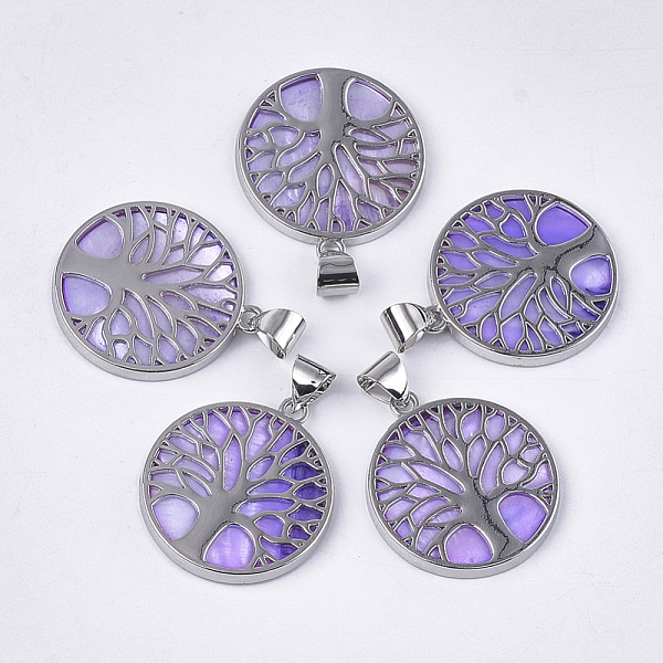 

PandaHall Freshwater Shell Pendants, with Alloy Findings, Dyed, Flat Round with Tree of Life, Platinum, Lilac, 37.5x33.5x3mm, Hole: 6x8.5mm..., Purple