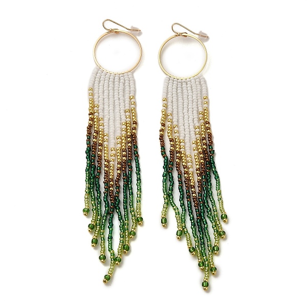 

PandaHall Bohemia Woven Glass Seed Bead Dangle Earrings, Tassel Chandelier Iron Earrings for Women, Green, 145~150mm Seed Beads Green