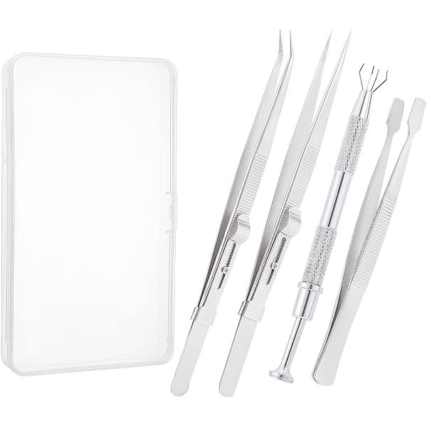4Pcs 4 Style Stainless Steel Tweezers & 4-Claw Pick up Tool for Small Parts Pickup