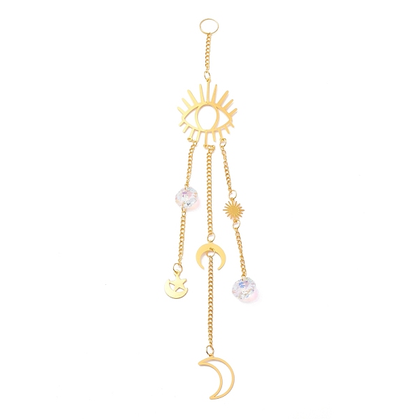 PandaHall Hanging Crystal Aurora Wind Chimes, with Prismatic Pendant and Moon & Eye Iron Link, for Home Window Chandelier Decoration, Golden...