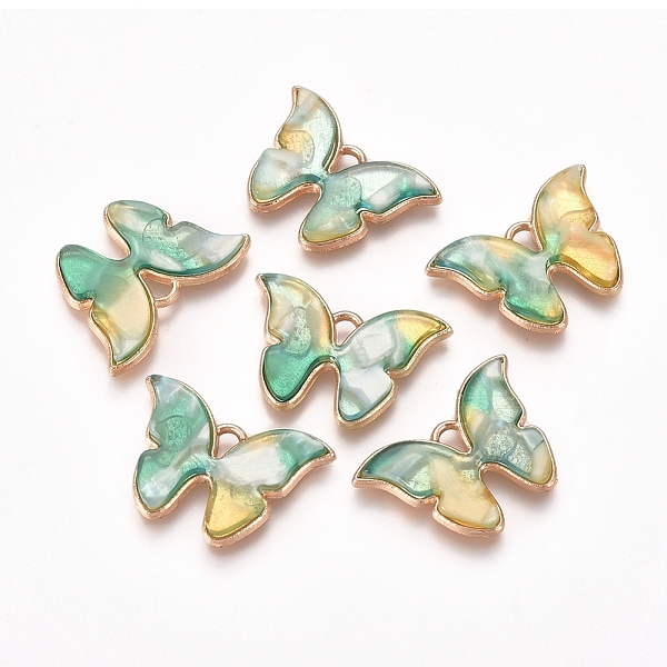 

PandaHall Light Gold Plated Alloy Pendants, with Acrylic, Butterfly, Medium Aquamarine, 15.5x22x2.7mm, Hole: 1.8x3mm, 10pcs/bag..., Green