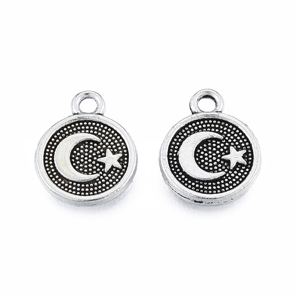 

PandaHall Tibetan Style Alloy Charms, Cadmium Free & Lead Free, Flat Round with Moon & Star, Antique Silver, 13.5x10.5x1.5mm, Hole: 1.6mm...