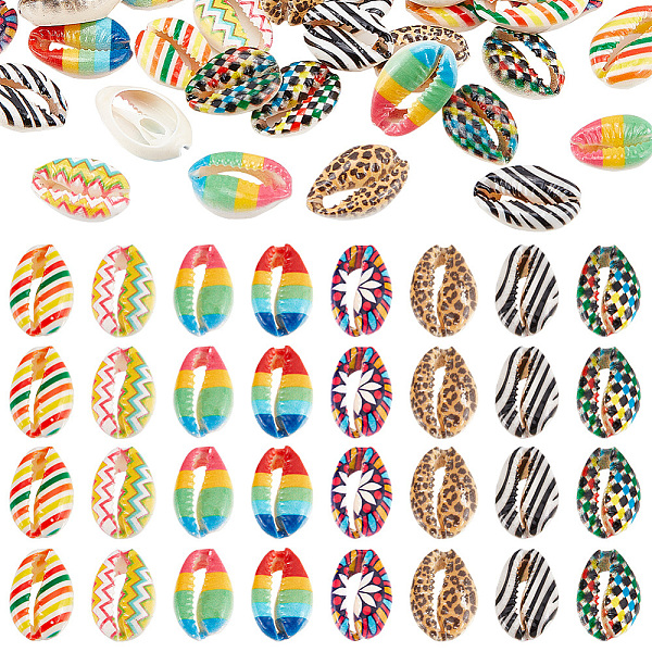 

PandaHall 80Pcs 8 Styles Printed Natural Cowrie Shell Beads, No Hole/Undrilled, Mixed Color, 18~22x13~14x6~8mm, about 10pcs/style Cowrie..., Multicolor