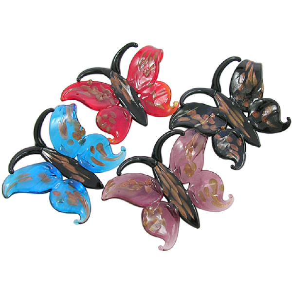 

PandaHall Handmade Gold Sand Lampwork Pendants, Butterfly, Mixed Color, about 55mm wide, 43mm long, hole: 7mm Lampwork Butterfly Multicolor