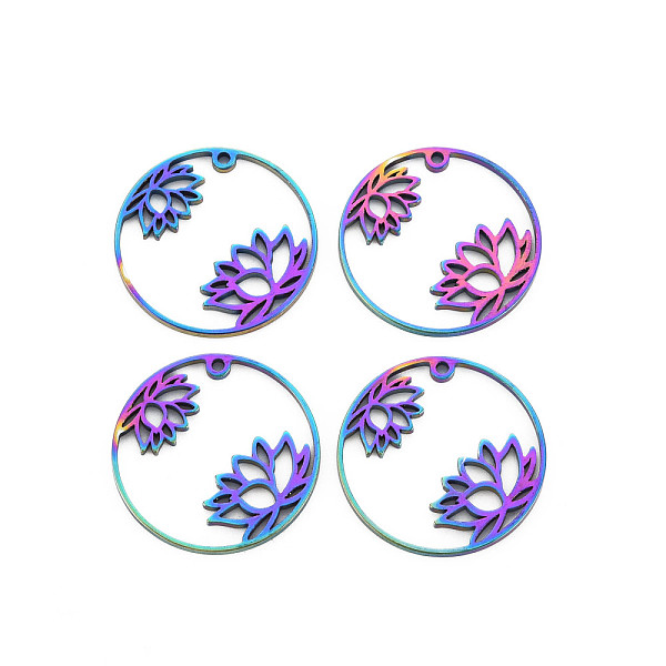 

PandaHall 201 Stainless Steel Pendants, Ring with Flower, Rainbow Color, 25x1.5mm, Hole: 1.2mm 201 Stainless Steel Ring