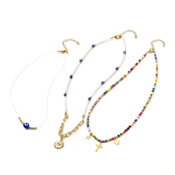 

PandaHall Evil Eye Beads Glass Seed Beaded Necklaces Sets, with Brass Extended Chains, Evil Eye Lampwork Pendants, Cross & Star Charms..., Multicolor
