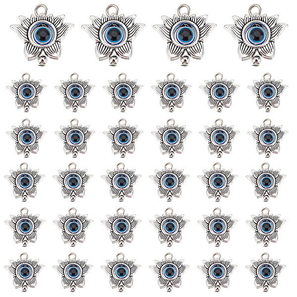 

PandaHall PH 30pcs Evil Eye Charms, Flower Charm with Blue Evil Eye Resin Beads Tibetan Style Alloy Pendants for DIY Art Craft Christmas...