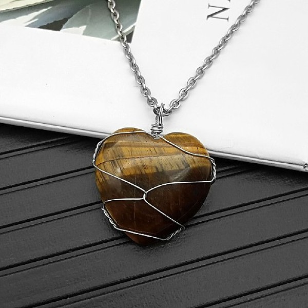 

PandaHall Natural Tiger Eye Pendant Necklaces, 19.69 inch(50cm) Tiger Eye Heart