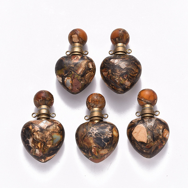 

PandaHall Heart Assembled Natural Bronzite and Synthetic Imperial Jasper Openable Perfume Bottle Pendants, with Brass Findings, Dyed, Peru..., Brown