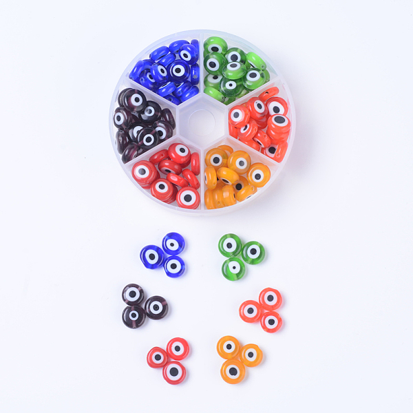 

PandaHall 6 Colors Handmade Evil Eye Lampwork Beads, Flat Round, Mixed Color, 10x4mm, Hole: 1mm, about 15~20pcs/color, 6colors..., Multicolor