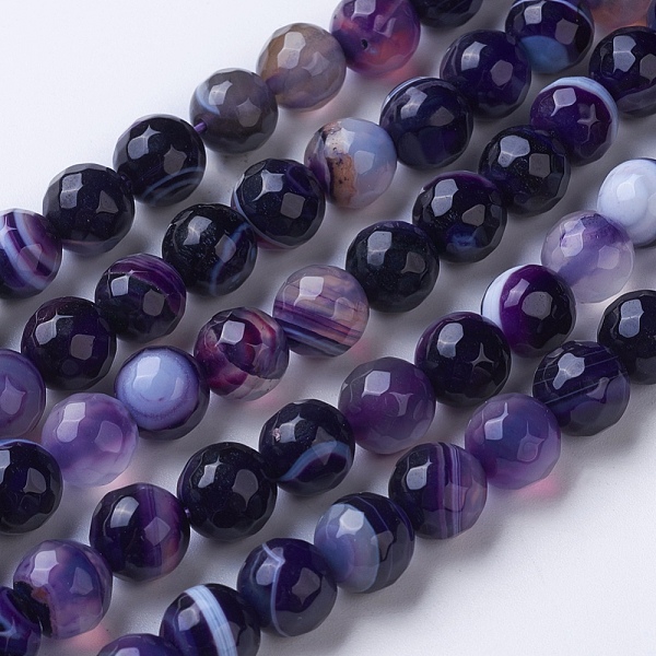PandaHall Natural Striped Agate/Banded Agate Beads Strands, Dyed & Heated, Faceted, Grade A, Round, Purple, 6mm, Hole: 1mm, about...