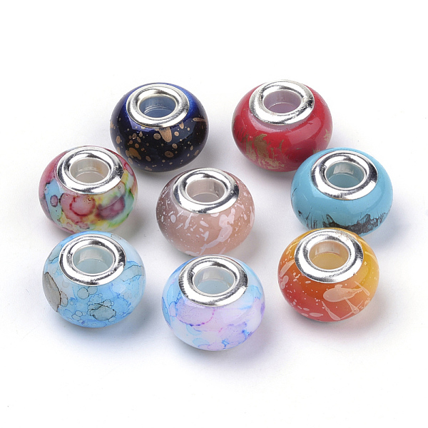PandaHall Spray Painted Glass European Beads, Large Hole Beads, with Silver Color Plated Brass Cores, Rondelle, Mixed Color, 14.5~15x10mm...