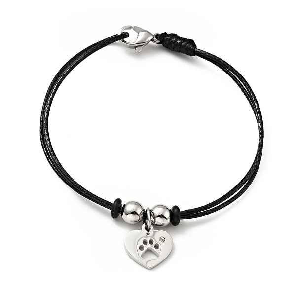 

PandaHall 304 Stainless Steel Heart with Paw Print Charm Bracelet with Waxed Cord for Women, Stainless Steel Color, 7 inch(17.8cm) Waxed..., Black