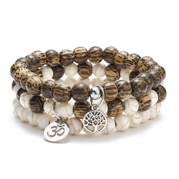 

PandaHall 3Pcs 3 Style Natural Wood & Synthetic Turquoise(Dyed) Round Beaded Stretch Bracelets Set with Alloy Tree and Yoga Theme Charms...