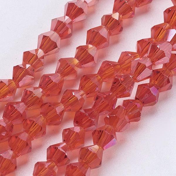 

PandaHall Glass Beads Strands, AB Color Plated, Faceted, Bicone, Red, 4x4mm, Hole: 1mm, about 82~85pcs/strand, 30.5~31cm Glass Bicone Red