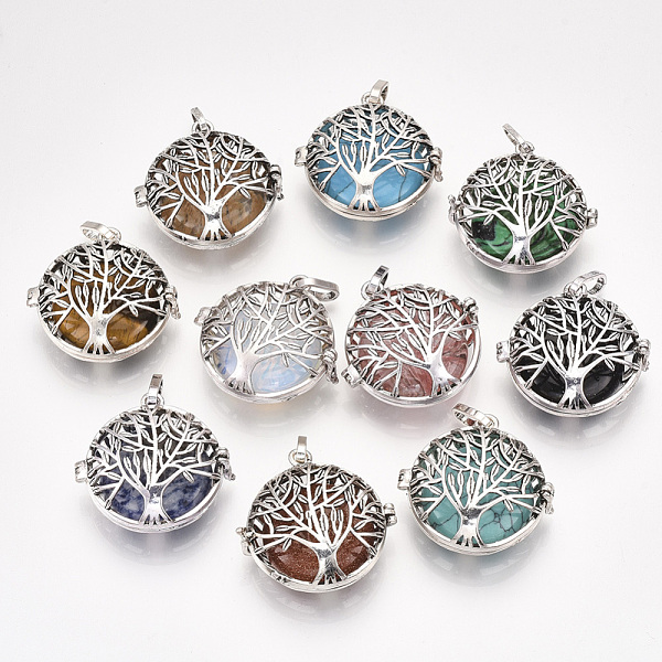 

PandaHall Alloy Cage Big Pendants, Hollow, with Natural/Synthetic Gemstone Beads, Flat Round with Tree, Antique Silver, 34.5x35x16mm, Hole..., Multicolor