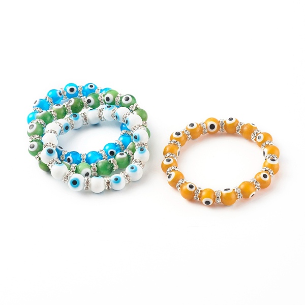 

PandaHall Round Evil Eye Lampwork Beaded Stretch Bracelets, with Brass Rhinestone Beads, Silver Color Plated, Mixed Color, Inner Diameter..., Multicolor
