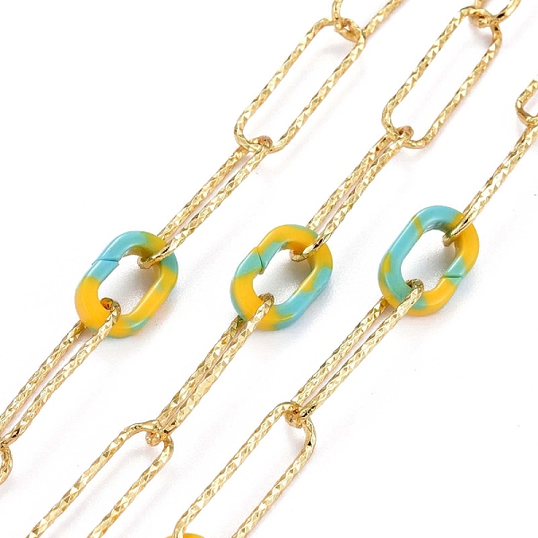 

PandaHall Handmade Brass Paperclip Chains, Drawn Elongated Cable Chains Chains, with Acrylic Linking Rings, Textured, Soldered, Real 18K...