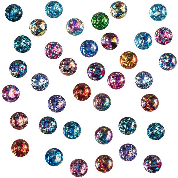 

PandaHall 70pcs 35 Styles Mermaid Scales Glass Cabochons Flat Fish Skin Glass Cabochons Dome Gems for Photo Cameo Pendant Jewelry Making..., Multicolor