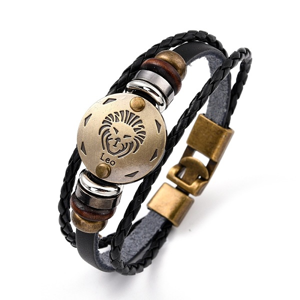 

PandaHall Braided Leather Cord Retro Multi-strand Bracelets, with Wood Beads, Hematite Beads and Alloy Findings, Flat Round, Antique Bronze..., Black