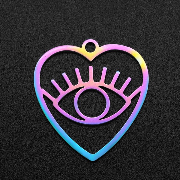 

PandaHall Ion Plating(IP) 201 Stainless Steel Pendants, Laser Cut, Hollow, Heart with Eye, Rainbow Color, 26.5x24.5x1mm, Hole: 2mm 201...