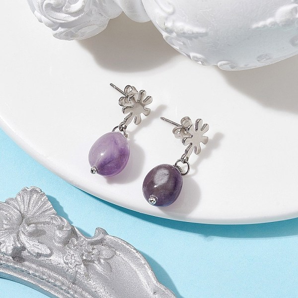 Natural Amethyst Twist Oval Dangle Stud Earrings