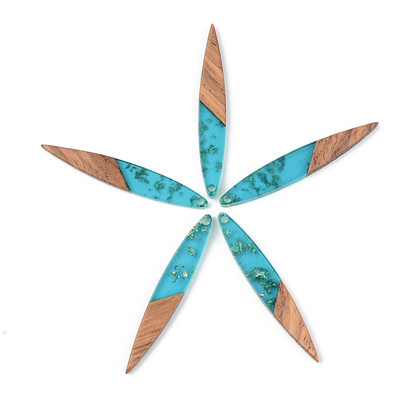 

PandaHall Transparent Resin & Walnut Wood Pendants, with Gold Foil, Leaf, Dark Turquoise, 43x7x3mm, Hole: 1.6mm Resin+Wood Leaf Cyan