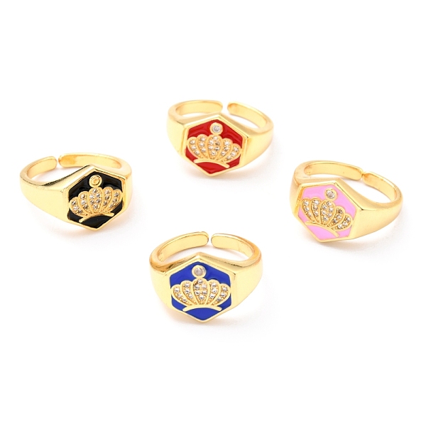

PandaHall Adjustable Real 18K Gold Plated Brass Enamel Finger Ringss, with Clear Cubic Zirconia, Hexagon with Crown, Mixed Color, Inner..., Multicolor