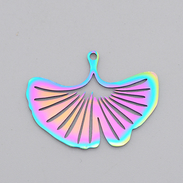 

PandaHall Ion Plating(IP) 201 Stainless Steel Pendants, Laser Cut, Ginkgo Leaf, Rainbow Color, 23x30.5x1mm, Hole: 1.6mm 201 Stainless Steel...