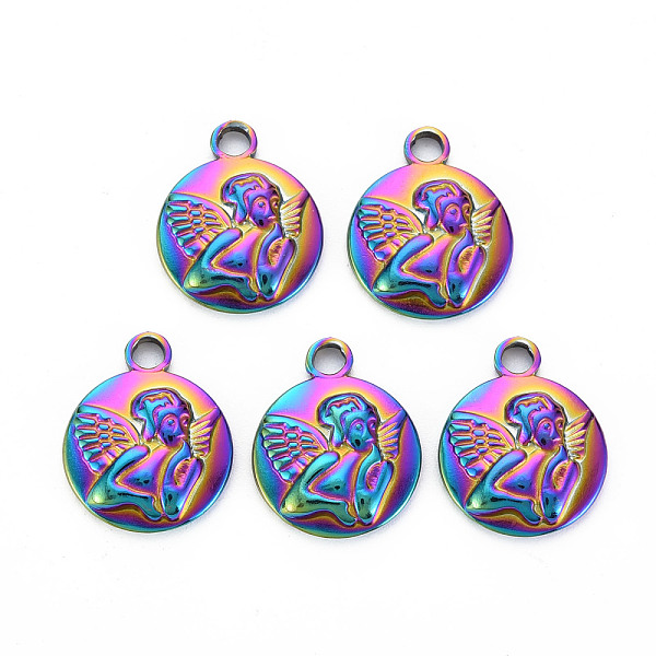 

PandaHall 201 Stainless Steel Pendants, Flat Round with Fairy, Rainbow Color, 18.5x15x3.5mm, Hole: 2.5mm 201 Stainless Steel Flat Round