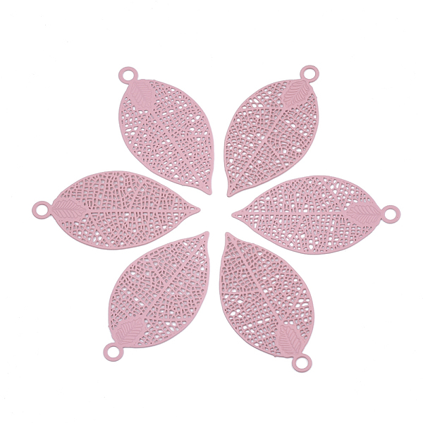 

PandaHall 430 Stainless Steel Filigree Pendants, Spray Painted, Etched Metal Embellishments, Leaf, Pink, 38x19x0.4mm, Hole: 2.4mm Stainless...