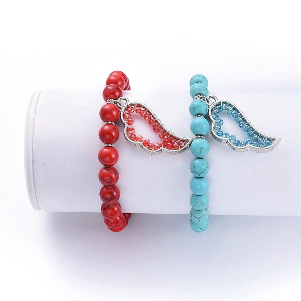 

PandaHall Stretch Bracelets Set, Stackable Bracelets, with Synthetic Turquoise(Dyed) Beads, Electroplate Glass Beads and Alloy Wing Pendants...