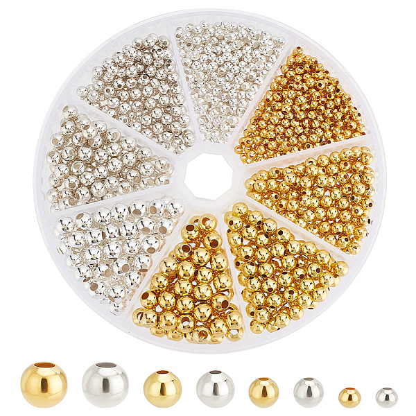 

PandaHall 1080Pcs 8 Styles Brass Smooth Round Beads, Seamed Spacer Beads, Golden & Silver, 3~6mm, Hole: 1~2.5mm Brass Round
